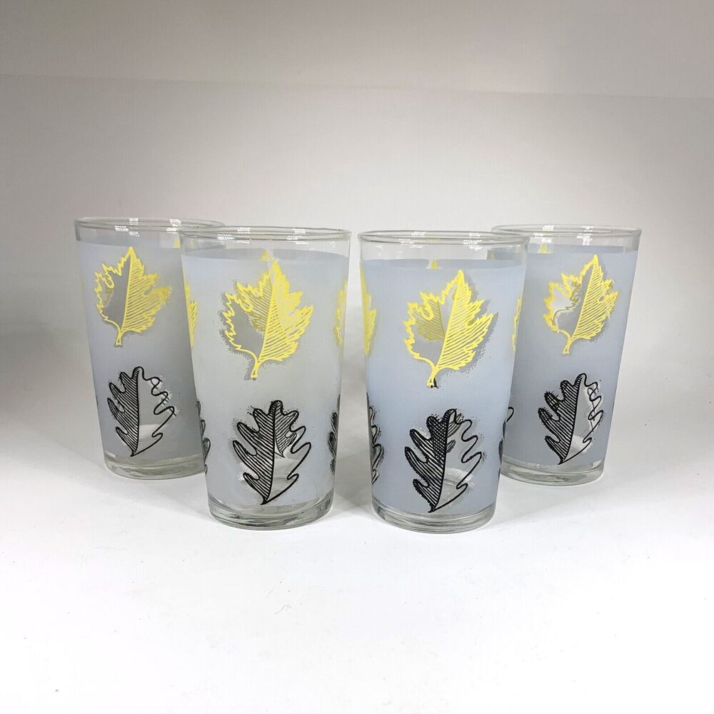 Vintage Libbey Juice Glasses Black Yellow Foliage Set 4 Mid Century Breakfast